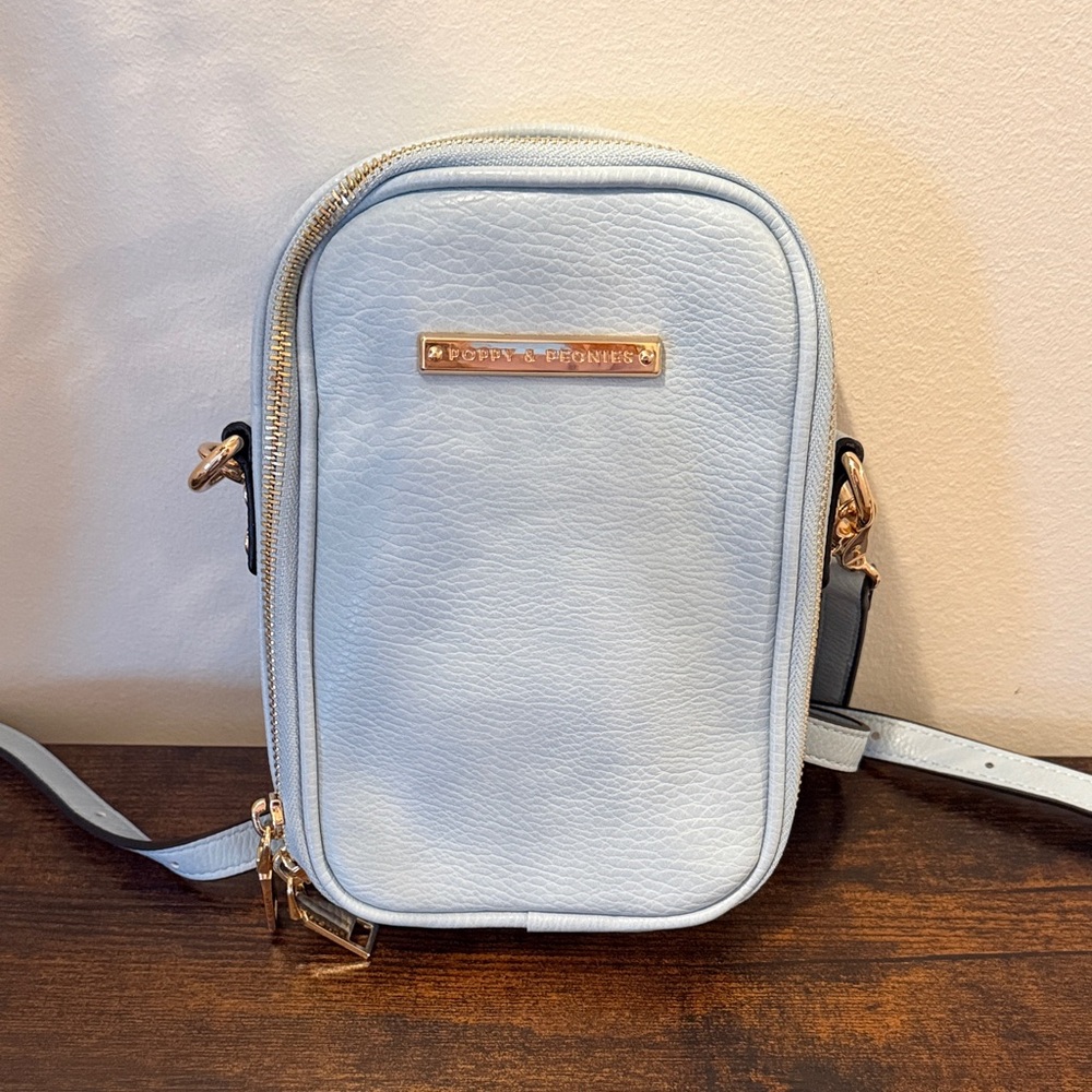 Poppy & Peonies Light Blue Crossbody Bag with Gold Details